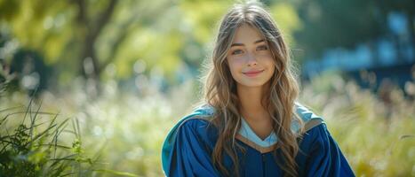 ai generato diplomato ragazza nel blu toga seduta nel parco foto