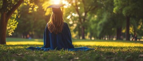 ai generato diplomato ragazza nel blu toga seduta nel parco foto