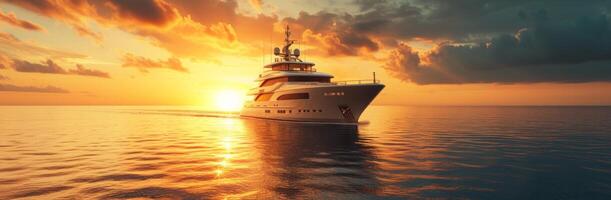 ai generato lusso yacht andare in barca nel il oceano a tramonto foto