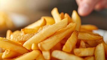 ai generato semplice composizione in mostra un' servendo di perfettamente cucinato francese patatine fritte con minimo ornamento foto