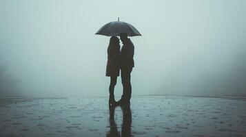 ai generato minimalista tiro cattura un' coppia nel amore, condivisione un intimo momento sotto il dolce pioggia foto