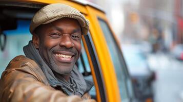 ai generato pulito composizione con un' contento Taxi autista, aggiungendo un' toccare di positività per il urbano paesaggio foto