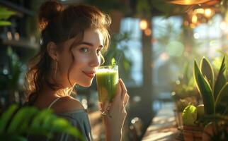ai generato un' donna è godendo un' bicchiere di verde frullato nel un' salutare posto foto