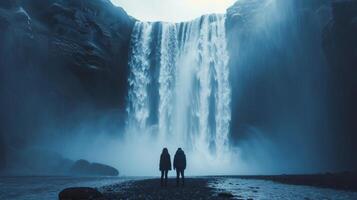 ai generato poetico raffigurazione di romanza con un' coppia incorniciato contro il ipnotizzante fondale di un' a cascata cascata foto