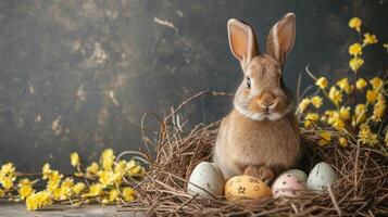 ai generato pulito e sottostimato Immagine di un' coniglietto circondato di Pasqua uova per affascinante saluto carte foto