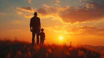 ai generato minimalista Immagine con un' padre e bambino silhouette contro un' tramonto fondale foto