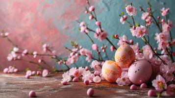 ai generato minimalista foto cattura il bellezza di primavera con decorato uova e fiori per Pasqua carte