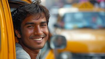 ai generato minimalista Immagine cattura il sereno Sorridi di un' giovane Taxi autista contro un astratto fondale foto