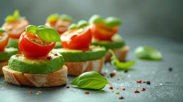 ai generato delicato raffigurazione di avocado Bruschetta ornato con ciliegia pomodori e basilico le foglie foto