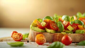 ai generato delicato raffigurazione di avocado Bruschetta ornato con ciliegia pomodori e basilico le foglie foto