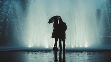 ai generato elegante Immagine in mostra un' di coppia duraturo amore in mezzo il sereno bellezza di pioggia. foto