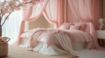 ai generato un' baldacchino letto drappeggiato con arrossire rosa tende, invitante accogliente di andare a dormire storie e tranquillo, calmo sonno foto