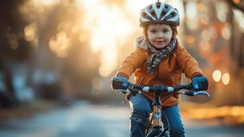 ai generato un' del bambino orgoglioso momento, equitazione un' bicicletta senza formazione ruote per il primo tempo foto