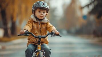 ai generato un' del bambino orgoglioso momento, equitazione un' bicicletta senza formazione ruote per il primo tempo foto