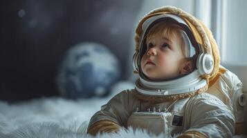 ai generato un' poco uno vestito come un astronauta, sognare grande sogni di spazio e al di là foto