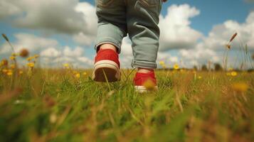 ai generato un' di bambino primo passaggi su un' erboso campo, con disteso mani raggiungendo per equilibrio foto