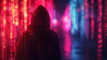 ai generato morbido neon si illumina accentuare il di hacker silhouette, aggiungendo un' toccare di mistero per il scena foto