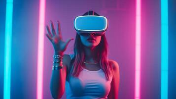 ai generato donna con vr cuffia, Esprimere a gesti come Se manipolando virtuale oggetti nel un' simulato ambiente foto