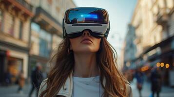 ai generato donna indossare vr bicchieri su un' occupato strada angolo, sua viso illuminato di il digitale Schermo foto