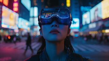 ai generato donna indossare vr bicchieri su un' occupato strada angolo, sua viso illuminato di il digitale Schermo foto