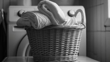 ai generato cestino di asciugamani e lavanderia nel davanti di lavaggio macchina foto