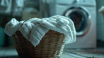 ai generato cestino di asciugamani e lavanderia nel davanti di lavaggio macchina foto