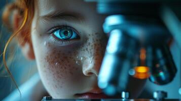 ai generato un' bambino guardare attraverso un' microscopio, loro viso illuminato con curiosità e Meraviglia foto
