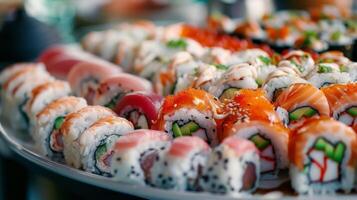 ai generato un' colorato Sushi piatto, delicato rotoli di riso e frutti di mare ad arte disposte su un' porcellana piatto foto