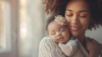 ai generato un' madre Abbracciare una persona sua neonato bambino, loro legame palpabile nel il calore di loro abbraccio e tenero espressioni foto