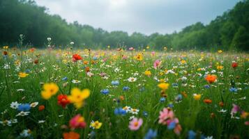 ai generato un' tranquillo prato inondato con fiori selvatici, ogni fioritura un' scoppiare di colore contro un' fondale di lussureggiante verdura foto