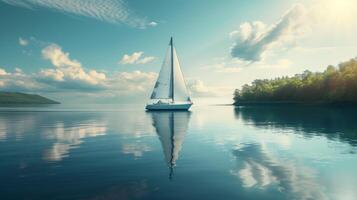 ai generato un' tranquillo scena di un' barca a vela alla deriva pigramente su un' calma lago, esemplificativo rilassamento e serenità foto