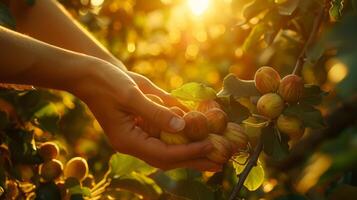 ai generato in mezzo antico Figura alberi, mani raccogliere maturo frutta. screziata luce del sole, terroso aroma foto