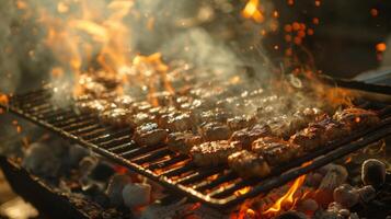 ai generato catturare il essenza di all'aperto cucinando. ondeggiante Fumo, fiamme danza su il griglia foto