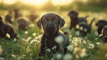 ai generato labrador cuccioli siamo fluente attraverso un' verde prato. essi siamo guardare a il telecamera foto