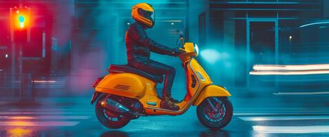 ai generato uomo su giallo motociclo sorridente foto