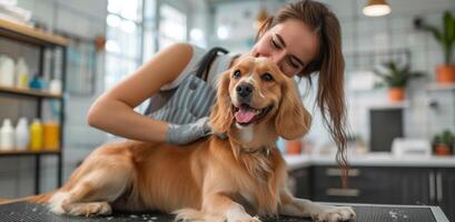 ai generato il cane toelettatore prende cura di sua cani capelli foto