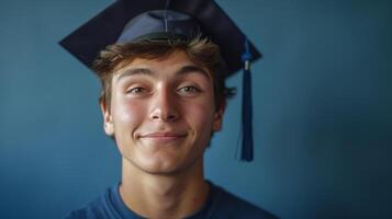 ai generato giovane bello tipo indossare un' la laurea berretto guardare a il telecamera e sorridente contro un' minimalista blu sfondo foto