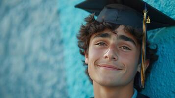 ai generato giovane bello tipo indossare un' la laurea berretto guardare a il telecamera e sorridente contro un' minimalista blu sfondo foto