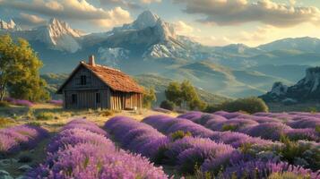 ai generato un' vero rustico capanna nel il mezzo di un' fioritura lavanda campo nel provence foto