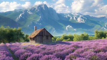 ai generato un' vero rustico capanna nel il mezzo di un' fioritura lavanda campo nel provence foto