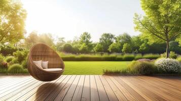 ai generato un' di legno terrazza prospiciente un' mattina giardino Visualizza foto