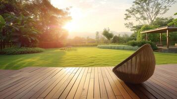 ai generato un' di legno terrazza prospiciente un' mattina giardino Visualizza foto