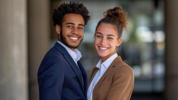 ai generato un' giovane donna nel Marrone i pantaloni e un' bianca camicia sta sorridente indietro per indietro con un' giovane uomo nel un' buio blu completo da uomo foto