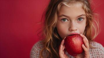 ai generato bellissimo ragazza 12 anni vecchio morsi via un' grande succoso mela, foto
