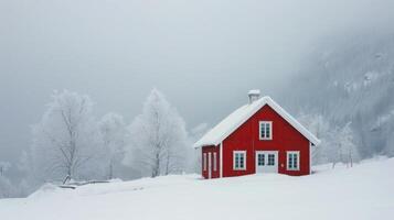 ai generato solitario Borgogna Casa nel Norvegia. inverno paesaggio foto