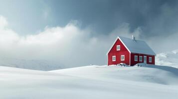 ai generato solitario Borgogna Casa nel Norvegia. inverno paesaggio foto