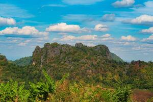 il sbalorditivo Visualizza nel foresta parco a partire dal un' turisti punto di vista come essi partire giù un' collina con sfondo di blu cielo, foresta pluviale, Tailandia. uccelli occhio Visualizza. aereo Visualizza. foto