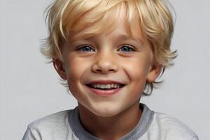 ai generato studio ritratto di un adorabile giovane ragazzo con disordinato biondo capelli sorridente. foto