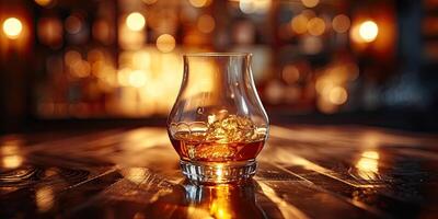 ai generato bicchiere di whisky con ghiaccio su un' di legno bar contatore. classico whisky nel un' bicchiere nel un' offuscare bar con copia spazio. foto