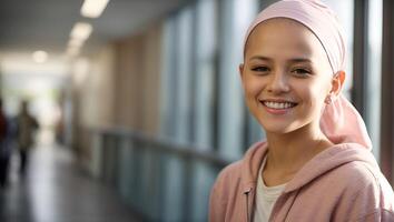 ai generato smiley forte ragazza combattente cancro con rosa sciarpa su il testa foto